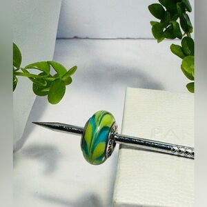 Authentic Retired Pandora Aqua and Green Swirl Murano Glass 925 Ale Charm